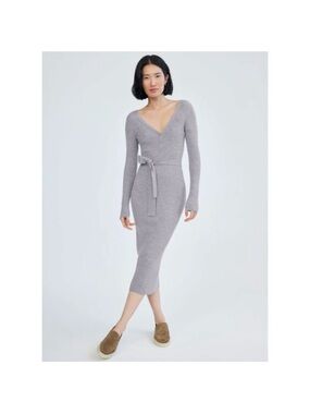 Babaton Gray V-Neck Long Sleeve Midi Dress